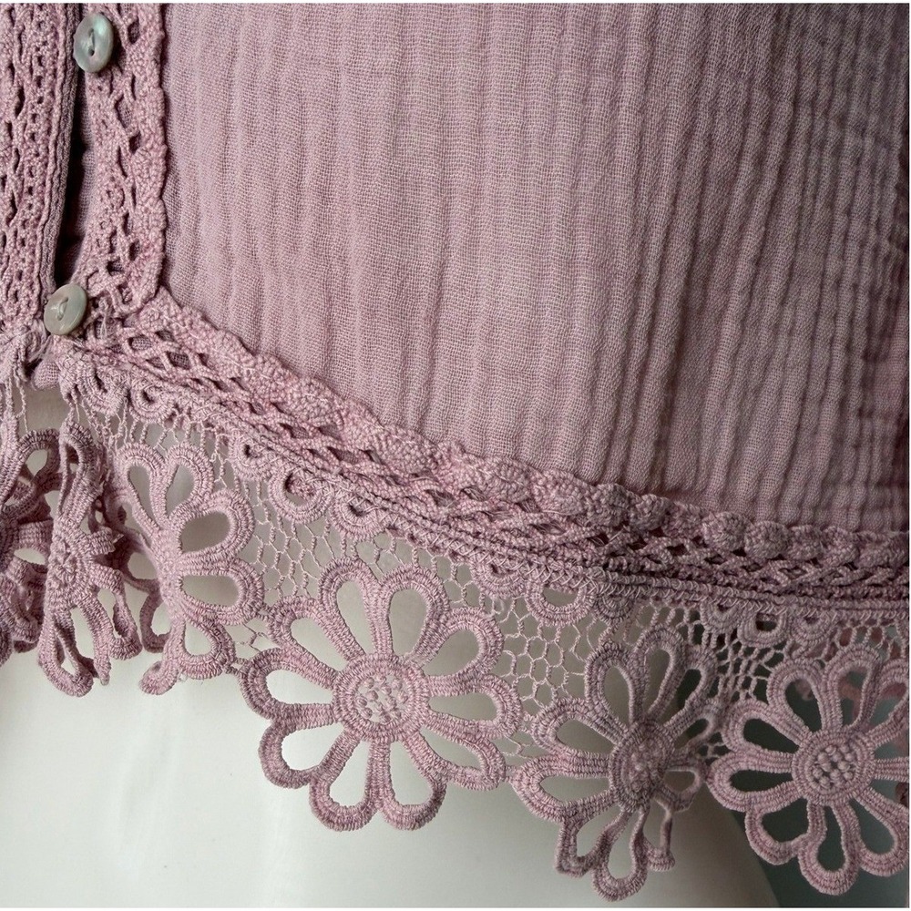 Zara Girls Mauve Pink Gauze Crochet Lace Trim Button Crop Top Boho Size 11-12 - Picture 5 of 7